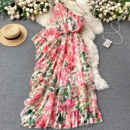 Lässige Kleider 2024 Sommerurlaub Böhmischer Druck Langes Kleid Frauen Hohe Taille A-Linie Vestidos Slash Neck Schulter Trägerloses Temperament Robe