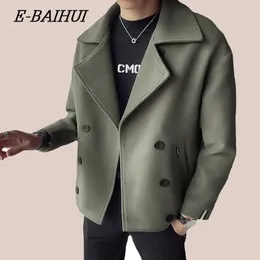 e-baihui mens short style coat trenchブリティッシュスタイルラペルダブル胸肉コートブラックグリーンカジュアルデイリーストレートヘムアウトウェア240221