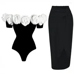 Women's Swimwear 2024 Biquinis Solid Sets 3D Flower One Pieces Swimsuit Skirt For Women Strapless Vintage Bodysuit Beachwear