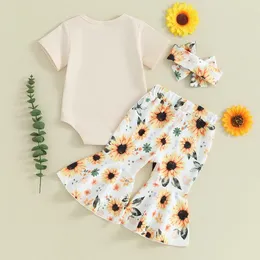 Zestawy odzieży Baby Girl Summer Stroje Mamas Drukuj Zebrany dzianinowy krótki rękaw Rompers Leopard Flare Pants Opaska na głowę