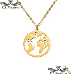Anhänger Halsketten Mode Edelstahl Halskette Anhänger Weltkarte Ketten Statement Halsketten Sier Rose Gold Globe Travel Dhgarden Dhc9D
