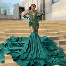 Green Prom Dresses 2024 Sheer Neck Diamond Mermaid Party Gowns With Gloves See Through Black Girls Vestidos De Gala