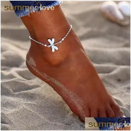 Anklets Nya Bohemian Sier Beach Lady Dragonfly Crystal Anklets Armband för kvinnor Sandaler Pärla Ankel Justerbar kedja Jewe Dhgarden Dhluz