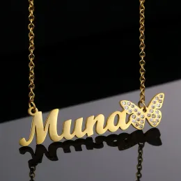 Halsketten Edelstahl Customisierte personalisierte Mode Name Halskette Anhänger Gold Schmetterling Diamant Custom Halsketten für Frauen Schmuck