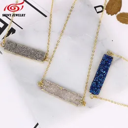 Bar Natural Stone Blue Purple Quartz Druzy Crystal Necklace Agate Rectangle Pendant Gold Plated Chain Necklace Christmas Gift248e