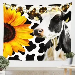 Tapeçarias Amarelo Girassóis Pele de Vaca Impresso Tapeçaria 3D Leite Decoração Estética Parede Pendurada Arte Para Quarto Sala de estar Dormitório