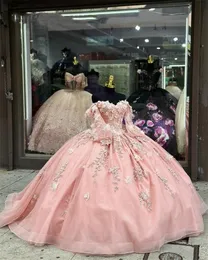 Бальное платье Розовое милое платье Quinceanera для девочек с аппликациями 3D-цветками для вечеринки по случаю дня рождения с длинными рукавами на шнуровке сзади