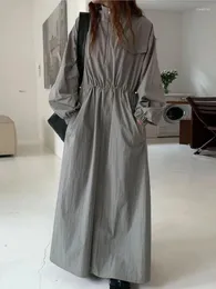Casual Dresses Maxi Dress for Women Stand Collar Draw String Loose Vestidos Half Zipper Female Clothing Fashion Spring Autumn Robe