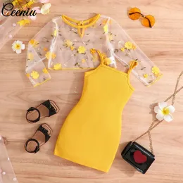 Ceeniu barnfestklänningar för flickor Applique Top och Spaghettistrap Mini Dress Kids Clothing Summer 240223