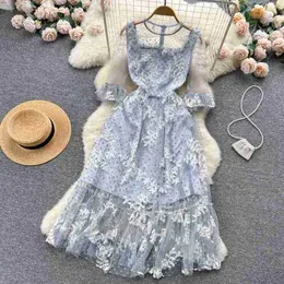 Designer Super Immortal Mesh Embroidery Spliced Dress Summer Waist Style Holiday Beach Skirt Slim Fairy First Love Dress designerNZ4T