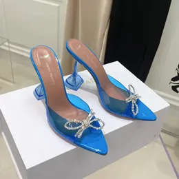 Amina Muaddi Crystal Rhinestone Bowtie Mules Sandals Peep Toes Chunky Heel Leather Sole Real Silk Slides Womens Luxury Designers Evening Dress Shoes