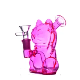 Grossist söt kattglas bong rökning vatten rör rosa 14 mm gemensam återvinnare bubbla rökning vatten rör ashcatcher bong med manlig glasolje brännare bong
