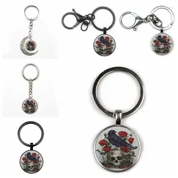 Keychains Glamour Dark Black Raven And Taro Crystal Pendant Man Woman Keychain Fashion Quality Car Charm Pack Convex Glass Key Chain Gift