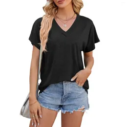 Camisetas femininas de manga curta com decote em V cor sólida camisa solta top neve manga comprida mulheres camisetas para