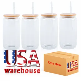 USA CA Warehouse 500ml 16oz Clear Transparent Libbey Iced Coffee Beer Glass Can Shaped Tumbler Cups with Bamboo Lid and Glass Straw sep05