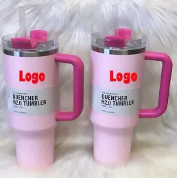 Розовый фламинго H2.0 с логотипом розового цвета, чашка на 40 унций с ручкой, изолированная крышка стакана, соломенная кофейная чашка из нержавеющей стали с логотипом X Copy, Арбузный самогон 0226