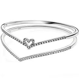 Bangles Real Sparkling Heart Wishbone Shimmering Wish Bangle 925 Sterling Silver Bracelet Fit Original Europe Bead Charm Diy Jewelry