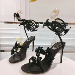 Kristaller Süslenmiş Rhinestone Topuklular Sandals Rene Caovilla Cleo 95mm Tasarımcılar Ayak bileği Saraylı Kadınlar Yüksek Topuklu Sandal Çiçek Rhinestone Akşam Ayakkabıları 34-43 RC