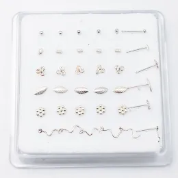 Stud 36st/Pack 925 Sterling Silver Nose Stud Leaf Ball Ball Blomma Mix Nos Rings Nariz Piercing smycken