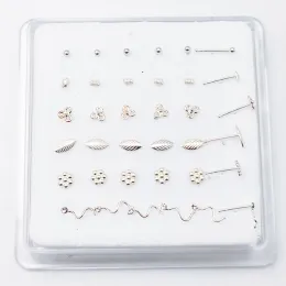 Ohrstecker, 36 Stück/Packung, 925er Sterlingsilber, Nasenstecker, Blatt, kleine Kugel, Blumenmischung, Nasenringe, Nariz-Piercing-Schmuck