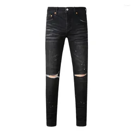 Jeans masculinos homens moda roxo retro balck cinza high street skinny pintado rasgado designer hip hop marca calças