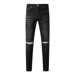 Herr jeans män mode lila retro balck grå hög gata mager målad rippad designer hip hop varumärke byxor