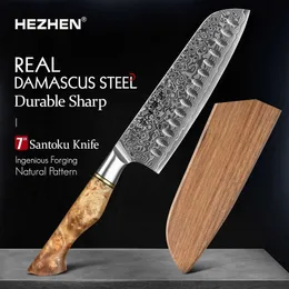 包丁Hezhen 7インチSantoku Knife Real 67 Layer Damascus Super Steel Cut Meat Fish Vegetable JanPanese Cook Knife Sharp Cither Knife Q240226