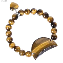 Frisado esculpido lua crescente pulseira para mulheres homens 8-9mm contas de pedra com coração charme pulseira estiramento jóias yq240226