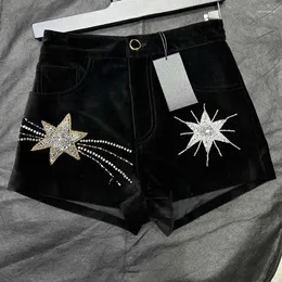 Damen Shorts Früher Frühling Samt Schwarz Runway Frauen Hohe Taille Nagel Diamant Sexy Kurz 2024 Schwerindustrie Top Qualität Y2K Kleidung