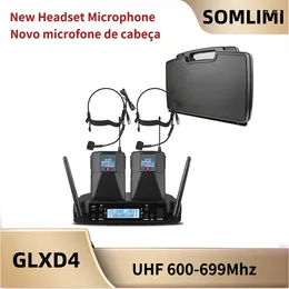 Microfones Somlimi 600-699MHz GLXD4 com caso Stage Performance Karaoke UHF Professional Dual Headset System Top Venda