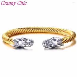 Link Bracelets Granny Chic Cool Men Silver Color Dragon Heads Cuff Gold-color Stainless Steel Wire Bracelet Bangle Women Jewelry