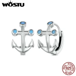 أقراط Wostu 925 Sterling Silver Anchor Hoop أقراط السفينة Sea Series for Women Girl Ear Buckles Summer Jewelry Gift Party Faction