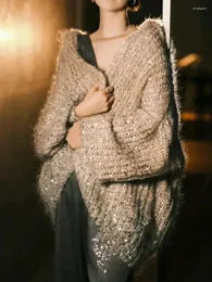 Женский вязаный милый осенне-зимний корейский модный вязаный свитер, элегантный блестящий длинный рукав с капюшоном, кардиган, женская повседневная теплая верхняя одежда