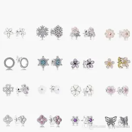 925 Sterling Silver stud Brand New Sparkling Double Hoop Earrings High Jewelry Flower Butterfly Ear Studs charm Beads Dust Bag Gif278c