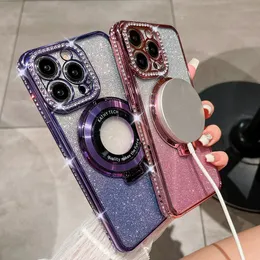 Cute Water Diamoud Soft TPU Bling Bling Magsafe Kickstand Ring Case para iPhone 11 12 13 14 15 Pro Max 15Plus iPhone15 Glitter Powder BlingBling Girl Lady