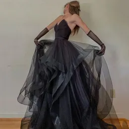 Gothic Black A-line Evening Dress Sexy Strapless Edge Curl Ruffles Tulle Prom Formal Gowns Birthday Robe De Soiree Custom Made