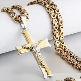 Pendant Necklaces Gold Color Fish Bone Pattern Cross Necklace Men Stainless Steel Crucifix Jesus Link Chain Catholic Jewelry Drop Del Otowv