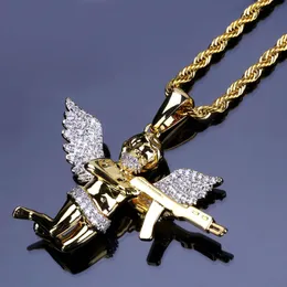 男性フルアイスラインストーンネックレスAuniquestyle Cupid Angel Pendant Hip Hop Cuban Chain Necklace Male Micro Pave2743のゴールドジュエリー