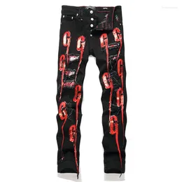 Men's Jeans Punk Style Ripped Letters Fashion Embroidered Mid-Waist Stretch Slim Denim Trousers Beggar Pants