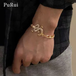 Beaded PuRui Kpop Luxury Crystal Dragon Pendant Bracelet for Women Men Gold Color Metal Cuban Link Chain Bracelet Unisex Wrist Jewerly YQ240226