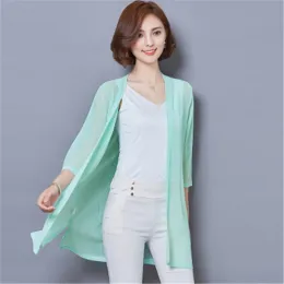 Cardigans koreanska kvinnor toppar 2022 Summer Cardigan Bluses Shirts Chiffon Blus Coat Casual Beach Shirt Sunscreen Clothing Blusas PZ1221
