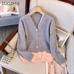 Malhas femininas duojihui falso duas peças básico com decote em v tricô cardigan feminino outono contraste cor moda simples botão camisola feminina