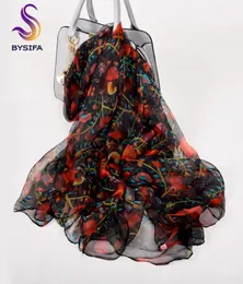 BYSIFA Panie Red Black Silk Shawl Nowy kwiat