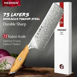 Facas de cozinha Hezhen Flagship Series 7 polegadas Faca Nakiri 73 camadas Damasco Aço em pó Núcleo de madeira de oliva Lidar com ferramentas de cozinha Q240226