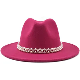 Women Men Wool Fedora Hat With Pearl Ribbon Gentleman Lady Winter Autumn Wide Brim Church Panama Sombrero Jazz Cap