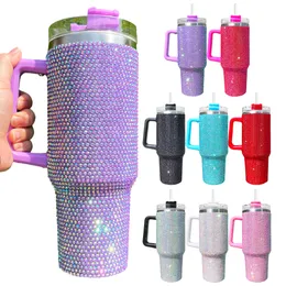 USA warehouse in stock large capacity 40oz multi colors full bling wraped studded vacuum insulated stainless steel drinking tumblers water bottle with lid and straw