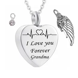 I Love You Forever Grandma Birthstone Ashes Heart Pendant Memorial Urn Necklace Angel Wing Stainless Steel Waterproof Cremation JE2485