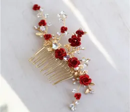 Jonnafe rosa vermelha floral headpiece para mulheres baile de formatura strass nupcial pente de cabelo acessórios feitos à mão jóias de cabelo de casamento y190513024518327