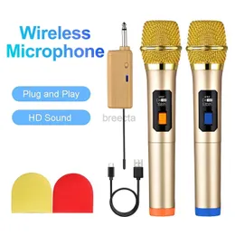 Microphones Dual Dynamic Golden Wireless Microphone System with Rechargeable Receiver for karaoke Singing Dj Microphone Church Wedding 240226