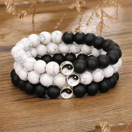 ビーズ8mmファッションメンズ女性Yin Yan Yang Feng Shui Beaded Strands Bracelet Natural White Turquoise and Black BeadカップルDhw2b